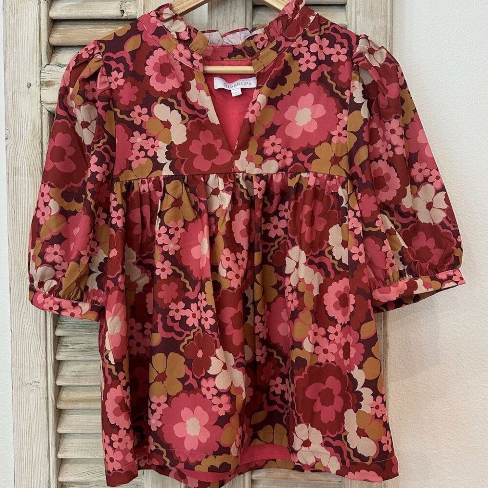 Sugarlips Floral Peasant Blouse in Pink, Burgundy & Mustard